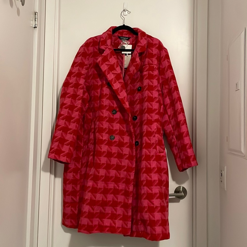 Pink & Red Houndstooth Coat Plus Size Jacket